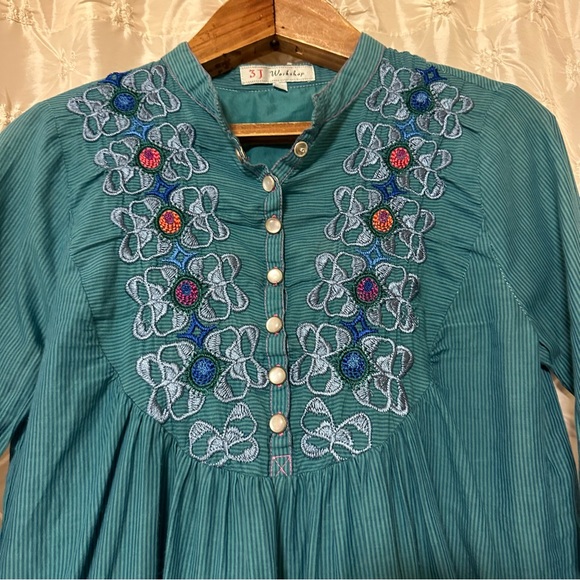 Johnny Was 3 J Workshop Blue Embroidered Prairie Western Shirt Blouse - Picture 2 of 11